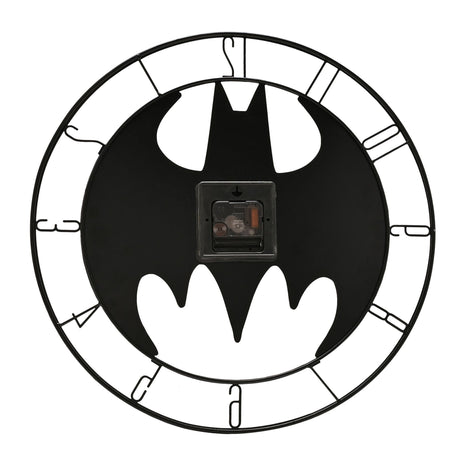 Batman symbol metal wall clock with black bat emblem on white face, roman numerals on outer ring, visible clock mechanism in center, and decorative scalloped border design