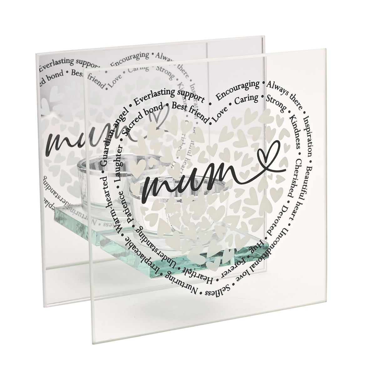 Clear glass square tealight holder with Mum script and heart design surrounded by inspirational words including Love Caring Kindness and Always There in black text, featuring decorative white heart pattern and soft green watercolor accent at base