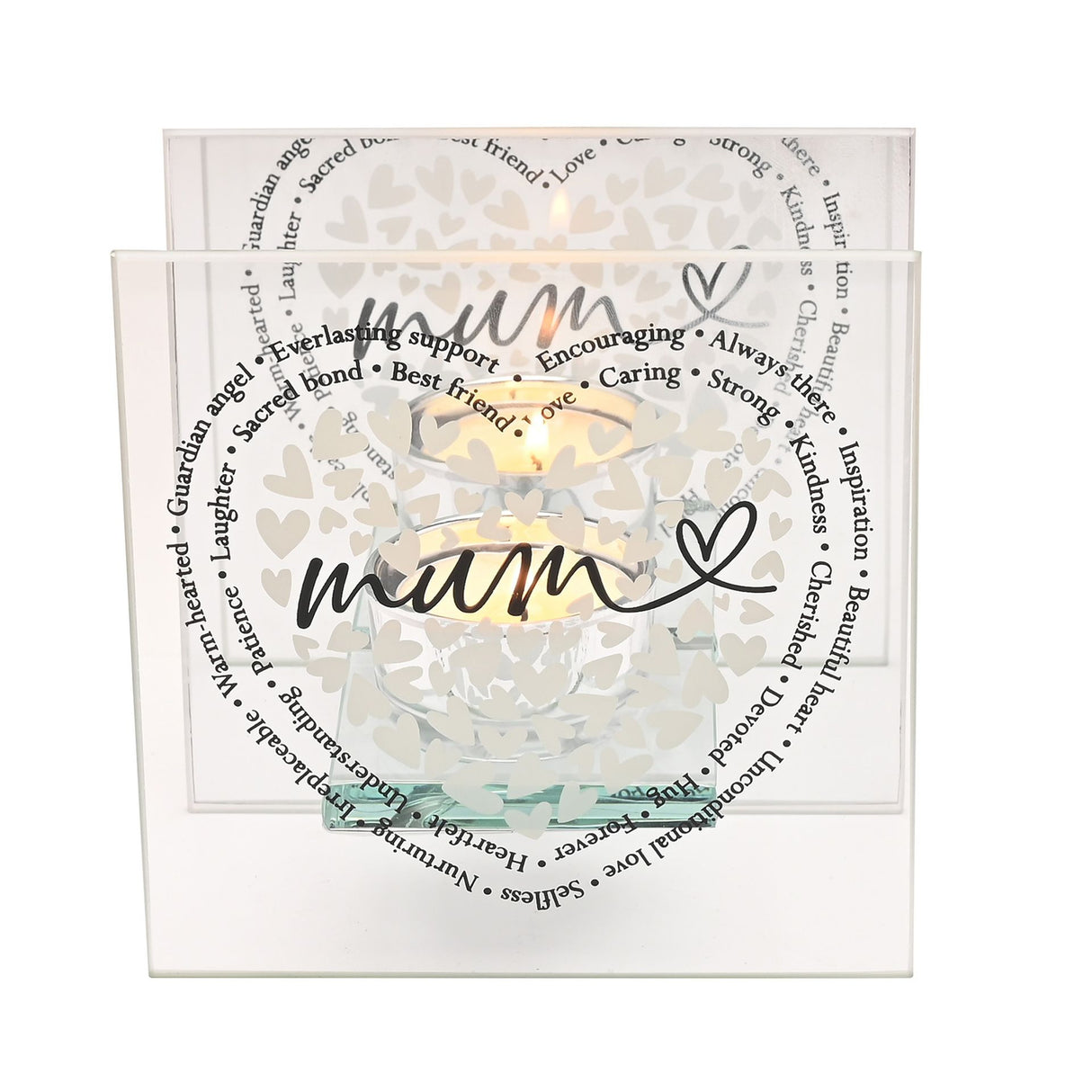 Frosted glass tealight holder with heart cutout pattern and warm LED light inside, featuring handwritten-style "mum" text in black with heart symbol, surrounded by circular text including words like "Everlasting support" and "Best friend" in black typography, set against white background