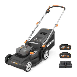 Worx WG745E 40V cordless lawnmower with 41cm cutting width in black and orange, shown with two 4.0Ah PowerShare batteries and dual charger on white background