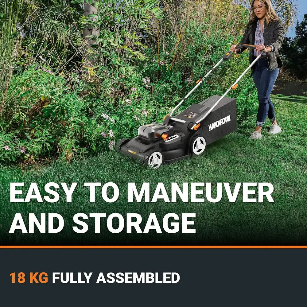 Person using a Worx lawn mower in a garden with text highlighting ease of maneuverability and storage.
