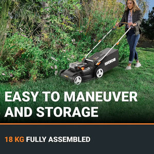 Person using a Worx lawn mower in a garden with text highlighting ease of maneuverability and storage.