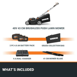 Worx 40V 43cm brushless push lawn mower in black with orange accents, shown with included accessories: two 4.0Ah PowerShare batteries, dual-channel charger, 41cm mower blade, and grass collection bag