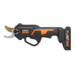 WORX Nitro 20V cordless pruner shears with black and orange design, curved blade, trigger grip handle, and attached battery pack shown against white background