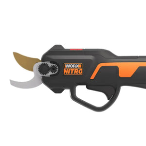 WORX NITRO 20V cordless pruner shears with black and orange body, dual gear cutting mechanism, trigger handle, and brass cutting blade against white background