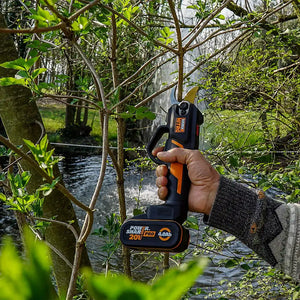 Hand holding black and orange WorX 20V cordless pruner shears with 2.0Ah battery pack near tree branches over water in outdoor garden setting