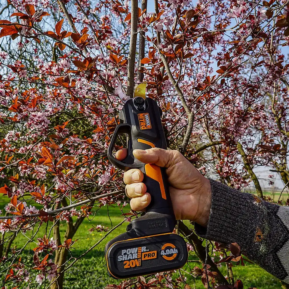 Hand holding a Worx WG330E cordless pruner shears with black and orange design and 20V 4.0Ah PowerShare battery, positioned against blooming pink and white flowering tree branches with reddish-brown foliage and green grass field in background