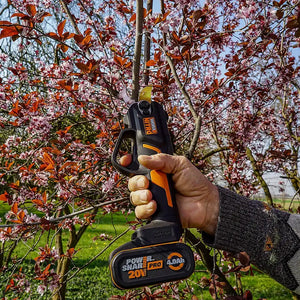 Hand holding a Worx WG330E cordless pruner shears with black and orange design and 20V 4.0Ah PowerShare battery, positioned against blooming pink and white flowering tree branches with reddish-brown foliage and green grass field in background