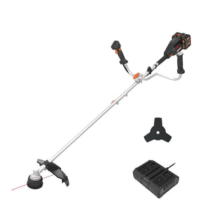 WorX 40V cordless brushcutter strimmer kit showing black and orange motorhead with silver shaft, cutting head with red laser guide, two black trimmer heads, and black dual-port charger on white background