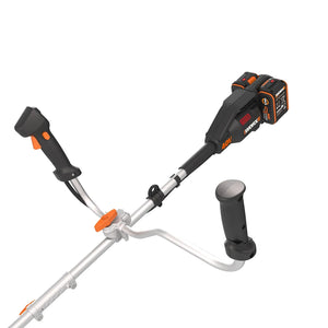 WorX 40V cordless brushcutter strimmer with silver aluminum shaft, black and orange body, detachable cutting head, battery pack with charger and spare handle grip shown against white background