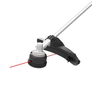 WorX WG084E 40V cordless brushcutter strimmer with silver aluminium shaft, black motor head housing, cutting head attachment and red laser guide lines shown in product detail view