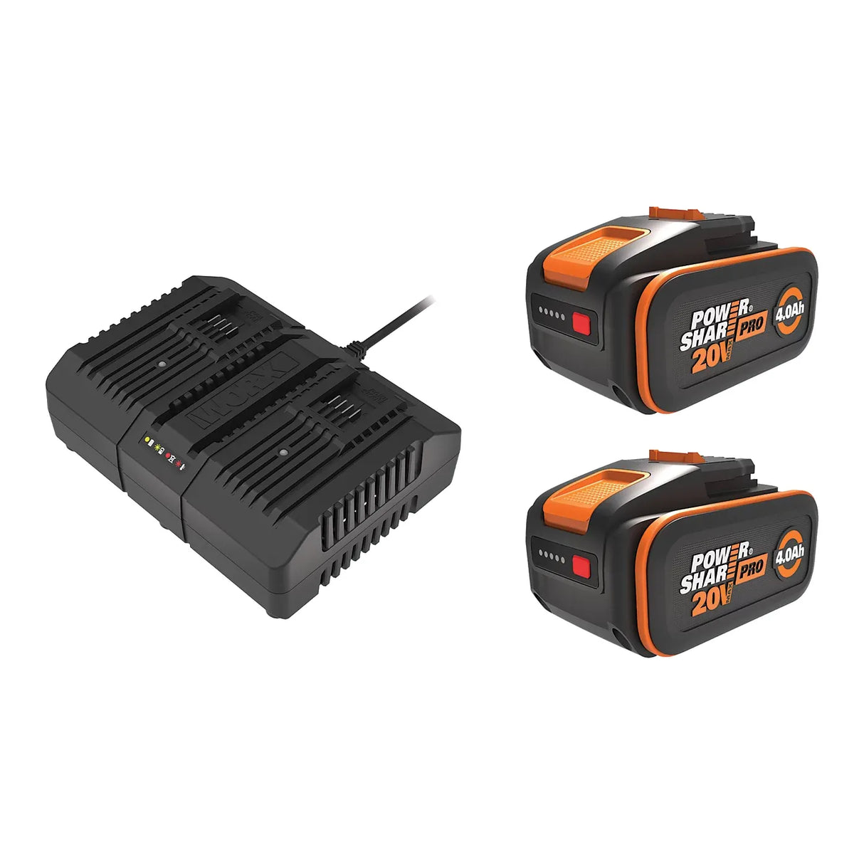 Worx 40V brushcutter strimmer kit with dual charger and two 4Ah Power Share Pro batteries in black and orange