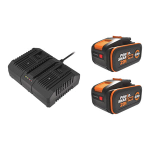 Worx 40V brushcutter strimmer kit with dual charger and two 4Ah Power Share Pro batteries in black and orange