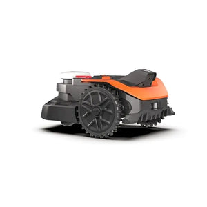 Worx Landroid Vision AI RTK robotic lawnmower with orange and black design, featuring large black treaded wheels and compact autonomous body against white background