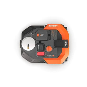 Top-down view of Worx Landroid Vision AI RTK robotic lawnmower with orange and black chassis, circular cutting deck, control buttons and display panel, designed for lawns up to 500m2